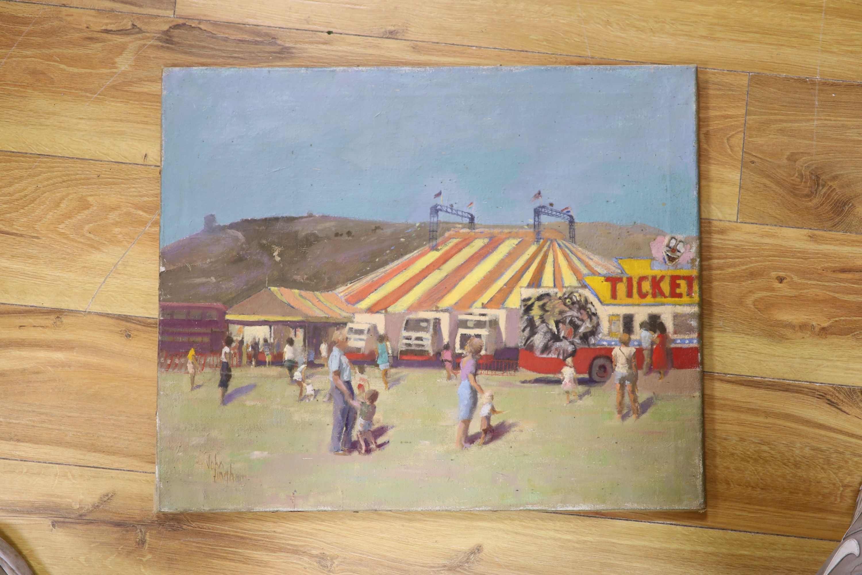 John Ingham, oil on canvas, Figures beside a circus tent, signed, 46 x 56cm, unframed